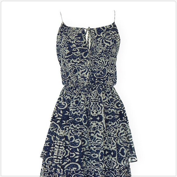 Robbi & Nikki Navy Beige Scroll Batik Tiered Layered Summer Slip Dress Size XS - Picture 2 of 4